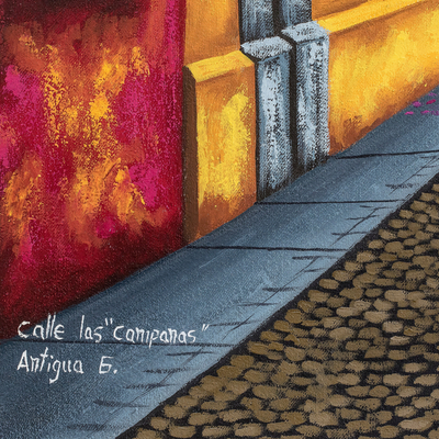 'Las Campanas Street' - Signiertes Ölgemälde mit bunter Straße und Vulkan
