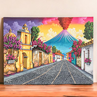 'Los Pasos Street' - Signed Stretched Oil Painting of Colorful Traditional Street