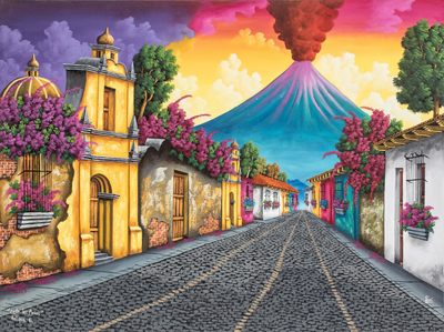 'Los Pasos Street' - Signiertes Ölgemälde einer farbenfrohen traditionellen Straße
