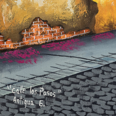 'Los Pasos Street' - Pintura al óleo estirada firmada de colorida calle tradicional