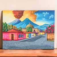 'Casa del Hermano Pedro' - Pintura al óleo estirada firmada de una calle guatemalteca