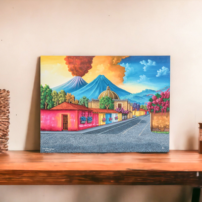 'Hermano Pedro's House' - Signed Stretched Oil Painting of Guatemalan Street