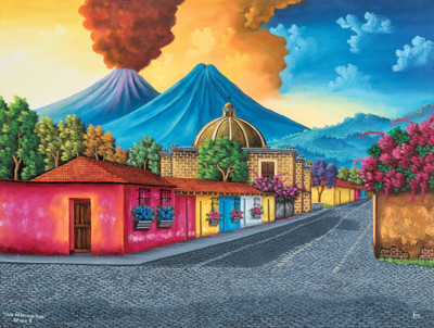 'Hermano Pedro's House' - Signed Stretched Oil Painting of Guatemalan Street