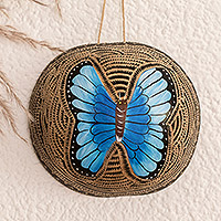 Dried gourd wall accent, 'Forest Monarch' - Hand-Painted Dried Gourd Blue Butterfly Wall Accent