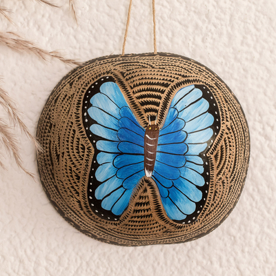 Acento de pared de calabaza seca, 'Forest Monarch' - Acento de pared de mariposa azul de calabaza seca pintado a mano