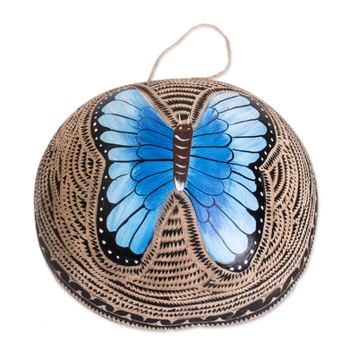 Hand-Painted Dried Gourd Blue Butterfly Wall Accent