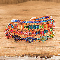 Beaded wrap bracelet, 'Orange Synchrony' - Crystal and Glass Beaded Wrap Bracelet with Orange Cord