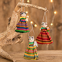 Baumwollornamente, „Tierfreundschaft“ (3er-Set) – Set mit 3 handgefertigten Baumwoll-Sorgenpuppen-Ornamenten