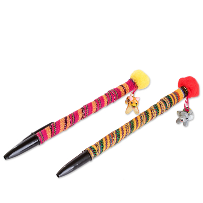 Cotton ballpoint pens, 'Little Pets' (set of 2) - Set of 2 Colorful Cotton Ballpoint Pens with Ceramic Charms