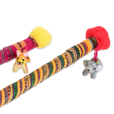 Cotton ballpoint pens, 'Little Pets' (set of 2) - Set of 2 Colorful Cotton Ballpoint Pens with Ceramic Charms