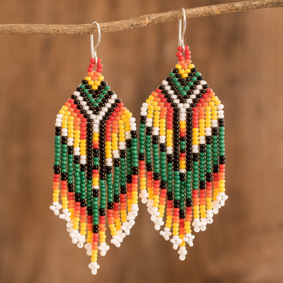 Glass beaded waterfall earrings, 'Green Traditions' - Handmade Glass Beaded Waterfall Earrings in Green and Orange