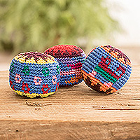 Cotton hacky sacks, 'Geometric Tenderness' (set of 3) - Set of 3 Knit Multicolor Cotton Hacky Sacks from Guatemala