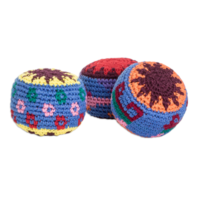 Hacky sacos de algodón, (juego de 3) - Set de 3 Hacky Sacos de punto de algodón multicolor de Guatemala