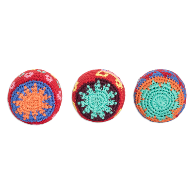 Cotton hacky sacks, 'Geometric Cuteness' (set of 3) - Set of 3 Geometric Knit Cotton Hacky Sacks from Guatemala