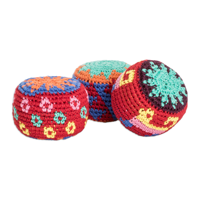 Hacky-Säcke aus Baumwolle, (3er-Set) - Set mit 3 geometrisch gestrickten Baumwoll-Hacky-Säcken aus Guatemala