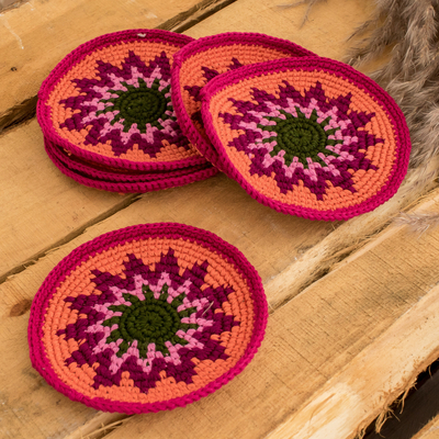 Cotton coasters, 'Melon Radiance' (set of 6) - Set of 6 Handcrafted Cotton Coasters in a Warm Palette