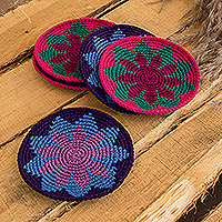 Cotton coasters, 'Vibrant Illusion' (set of 6) - Set of 6 Handcrafted Floral Cotton Coasters from Guatemala