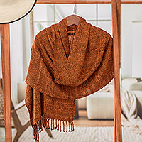 Rayon shawl, 'Color and Texture in Orange' - Fringed Shawl in Orange and Black Hand-Woven from Rayon