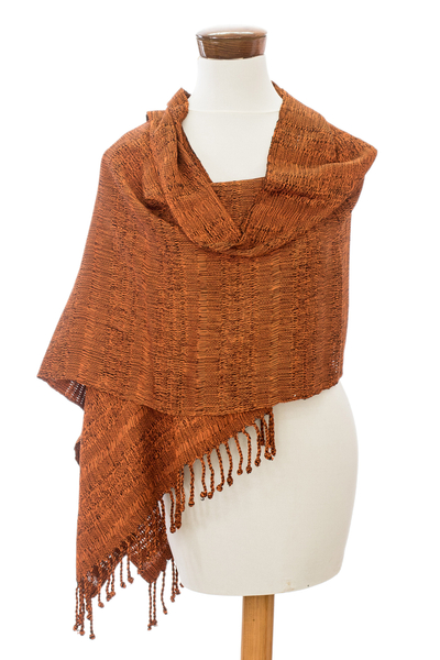 Rayon shawl, 'Color and Texture in Orange' - Fringed Shawl in Orange and Black Hand-Woven from Rayon