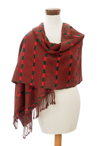 Rayon-Schal - Handgewebter Schal mit Fransen aus Viskose in Rot und Grün
