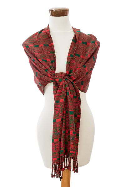 Rayon shawl, 'Fruits' - Fringed Shawl Hand-Woven from Rayon in Red and Green