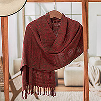 Rayon shawl, 'Color and Texture in Red' - Fringed Shawl Hand-Woven from Rayon in Red and Kelly Green