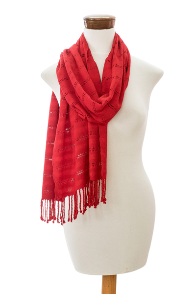 Rayon scarf, 'Among Threads in Red' - Fringed Red Scarf Hand-Woven from Rayon in Guatemala