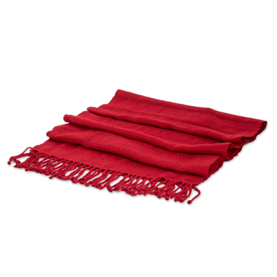 Rayon scarf, 'Among Threads in Red' - Fringed Red Scarf Hand-Woven from Rayon in Guatemala
