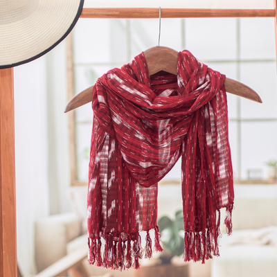 Cotton scarf, 'Strawberry Shine' - Handloomed Red Cotton Scarf with a Gingham-Inspired Pattern