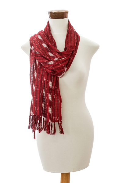 Cotton scarf, 'Strawberry Shine' - Handloomed Red Cotton Scarf with a Gingham-Inspired Pattern
