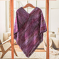 Cotton blend poncho, 'Primaveral Wine' - Cotton Blend Poncho in Purple Hues Handwoven in Guatemala