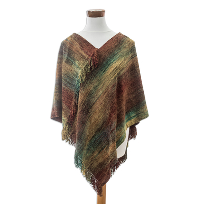 Cotton blend poncho, 'Autumn Dreams' - Handwoven Cotton Blend Poncho in Red and Turquoise Hues