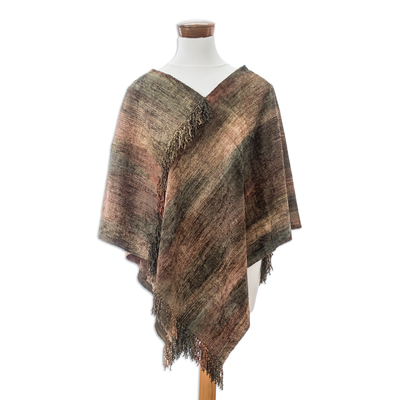 Cotton blend poncho, 'Precious Dark Ivy' - Handwoven Cotton Blend Poncho in Green and Brown Hues