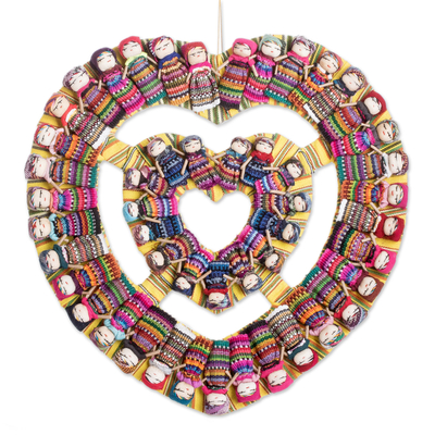 Heart-Shaped Cotton Worry Doll Wreath Crafted in Guatemala