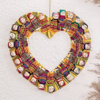 Cotton wreath, 'United by Love' - Handcrafted Heart-Shaped Cotton Worry Doll Wreath