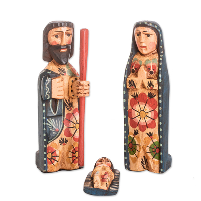 Estatuillas de madera, (juego de 3) - Juego de 3 estatuillas artesanales de madera de pino con detalles florales