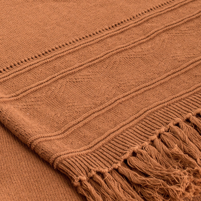 Natural cotton ruana, 'Ancestral Ginger' - Brown Cotton Ruana with Fringes Handloomed in Guatemala