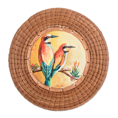 Pine needle and cedar wood wall accent, 'Bee-Eaters' - Hand-Painted Cedar Wood & Pine Needle Bee-Eaters Wall Accent