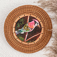 Pine needle and cedar wood wall accent, 'Rainbow Jay' - Hand-Painted Cedar Wood & Pine Needle Bird Wall Accent