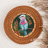 Pine needle and cedar wood wall accent, 'Lilac-Breasted Roller' - Cedar Wood and Pine Needle Lilac Breasted Roller Wall Accent