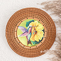Pine needle and cedar wood wall accent, 'Happy Hummingbird' - Hand-Painted Wood & Pine Needle Hummingbird Wall Accent