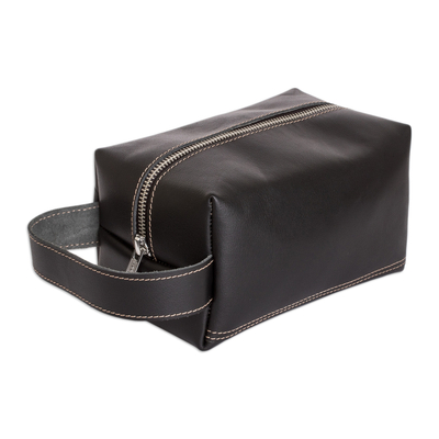 Leather cosmetic bag, 'Fancy Assist' - Handcrafted Black Leather Cosmetic Bag with Zipper Closure