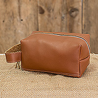 Leather cosmetic bag, 'Glamorous Assist' - Handcrafted Brown Leather Cosmetic Bag with Zipper Closure