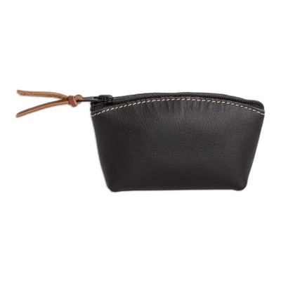 Leather coin purse, 'Night Treasure' - Handcrafted Black Leather Coin Purse with Zipper Closure