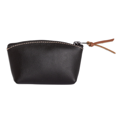 Leather coin purse, 'Night Treasure' - Handcrafted Black Leather Coin Purse with Zipper Closure