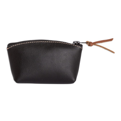 Leather coin purse, 'Night Treasure' - Handcrafted Black Leather Coin Purse with Zipper Closure