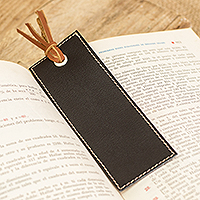 Leather bookmark, 'Night Reading' - Handcrafted Black Leather Bookmark with Brown Fringes