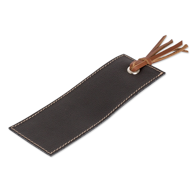 Leather bookmark, 'Night Reading' - Handcrafted Black Leather Bookmark with Brown Fringes