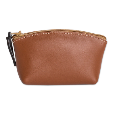 Leather coin purse, 'Evening Treasure' - Handcrafted Brown Leather Coin Purse with Zipper Closure