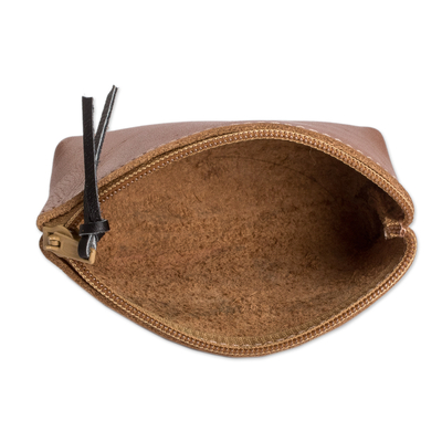 Leather coin purse, 'Evening Treasure' - Handcrafted Brown Leather Coin Purse with Zipper Closure
